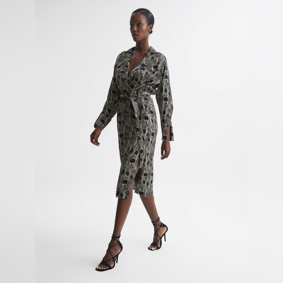 Reiss Georgina Swirl Print Midi Dress in Cream/Black Size 12 NWT Brand New - Picture 1 of 15